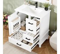 OKWISH Meuble de Salle de Bain avec Vasque Encastrée et 3 Portes - MDF Céramique Pin - 76x46x83,5 cm - Blanc