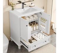 OKWISH Meuble de Salle de Bain avec Vasque Intégrée, 2 Portes et 1 Tiroir - MDF et Céramique - 76x46x87 cm - Blanc