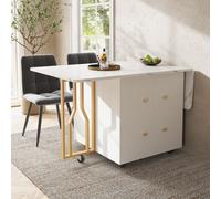 OKWISH Table À Manger Extensible - Avec Plateau Pliant Et Parois Réglables, Pieds Dorés, Pour 4-6 Personnes, MDF Et Métal, 80-140 x 75 x 76,3 cm - Blanc