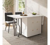 OKWISH Table À Manger Extensible - Avec Plateau Pliant Et Parois Réglables, Pieds Noirs, Pour 4-6 Personnes, MDF Et Métal, 80-140 x 75 x 76,3 cm - Blanc