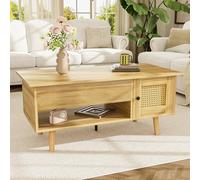 okwish Table basse, buffet, table d'appoint, vitrine, plateau de table, armoire de rangement, rangement polyvalent, avec fonction de levage et portes en rotin, avec tiroirs, couleur bois