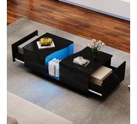 okwish Table basse moderne avec deux tiroirs et éclairage LED, table d'appoint brillante avec plateau en acrylique et construction MDF, noir