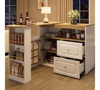 OKWISH Table De Bar Pivotante 360° avec 2 Tiroirs et Étagères Ouvertes, Buffet De Cuisine MDF avec Verre Cintré, 138-204x39x104 cm - Blanc