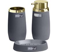 Okyanus Accessoires de salle de bain Set 3-pièces Stripe gris Distributeur de savon Porte-savon Gobelet Décoration salle de bain