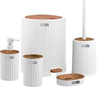 OKYANUS | Ensemble pour salle de bain - Coliseum - 5 pièces - Blanc avec finition bois - Moderne et élégant