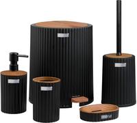 OKYANUS | Set de salle de bain, 5 pièces Accessoires de salle de bain Distributeur de savon, brosse à WC, porte-savon, poubelle et gobelet pour brosse à dents - Noir, bois