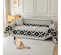 OKYUK Housse de canapé 2/3/4 places en chenille bohème et canapé d'angle - Lavable, motif pompons, adaptée aux animaux domestiques, respirante, multi-usage toutes saisons (Mila, noir, XXL (180 x 340
