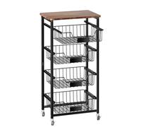 OKZEST Panier à fruits, organiseur de cuisine utilitaire à 5 niveaux et chariot de rangement avec paniers coulissants et dessus en bois, chariot de cuisine à roulettes pour fruits, pommes de terre,