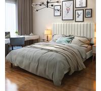 OLALITA Cadre de lit double avec tête de lit rembourrée en velours, lit plateforme avec lattes en bois solides, sommier tapissier en option, montage facile (beige, lit double)