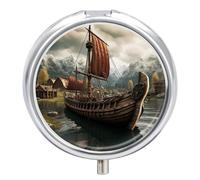 Old Boat Pilulier rond à 3 compartiments avec miroir, petit pilulier de voyage mignon organisateur de vitamines portable pour sac à main