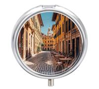 Old Courtyard Cafe Chair City Rome Italy Pilulier 3 compartiments Petit pilulier pour sac à main ou poche Mini pilulier en métal Organiseur de médicaments Rome Italie Récipient à médicaments rond pour