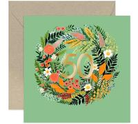 Old English Co. Carte d'anniversaire 50 ans pour femme - Couronne d'art floral vert avec feuille d'or - Carte spéciale pour 50e anniversaire pour une amie, une sœur | Intérieur vierge avec enveloppe