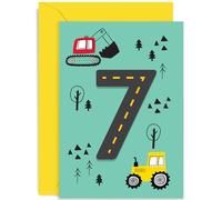 Old English Co. Carte d'anniversaire colorée pour garçons et filles - Carte d'anniversaire amusante pour enfants - 7 ans - Carte d'anniversaire tracteur pelleteuse pour lui et elle | Intérieur vierge