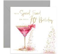 Old English Co. Carte d'anniversaire spéciale 70e anniversaire pour une amie - Carte d'anniversaire 70e anniversaire - Fabuleux cocktail rose doré pailleté - Jolie carte scintillante pour elle |