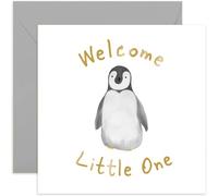 Old English Co. Carte de bienvenue pour bébé avec petit pingouin - Carte de vœux pour bébé fille ou garçon | Finition spéciale feuille d'or | Intérieur vierge et enveloppe incluse