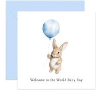 Old English Co. Carte de naissance pour nouveaux parents - Motif bébé lapin en ballon bleu - Carte de félicitations pour maman et papa | Intérieur vierge avec enveloppe