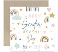 Old English Co. Carte de révélation du sexe - « Happy Gender Reveal Day » - Carte de célébration pour les nouveaux parents - Carte d'annonce du sexe pour nouvelle maman et papa - Étoiles arc-en-ciel