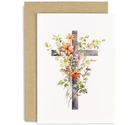 Old English Co. Carte de vœux aquarelle de croix religieuse avec fleurs - Carte de foi pour baptême, première communion, Pâques, condoléances - Pour adulte, maman, papa | Intérieur vierge
