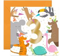 Old English Co. Party Animals Carte d'anniversaire 3ème anniversaire Motif zoo Doré Carré pour garçons et filles | Pour fils ou fille | Intérieur vierge et enveloppe inclus