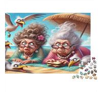 Old Ladies Beach Jigsaw for Adults Educational: Two Old Ladies with Seagulls 1000 Piece Games for Home Decor 52x38cm/1000pcs