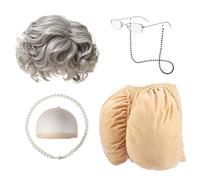 Old Lady Costume for Adults 4-Piece - Set Halloween Grandmother Costume Wig