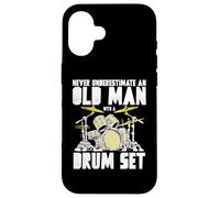 Old Man with a Drum Set Retro Drummer Music Artwork Coque pour iPhone 16