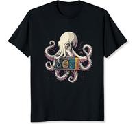 Old School Boombox Octopus Ocean Music Shirt Retro Graphic Tee Gifts for Music Lovers Manches Courtes(Large)