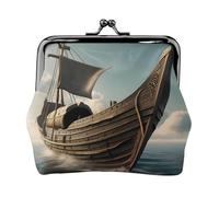 Old Viking Boat Printed Microfiber PU Leather Wallet Kiss Lock Mini Pouch for Lipstick Key Change Organization