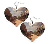 Old Wild West Cowboy Town Boucles d'oreilles pendantes en cuir pour femme - Légères - En forme de cœur - Bijoux tendance - Cadeau de Saint-Valentin ou d'anniversaire