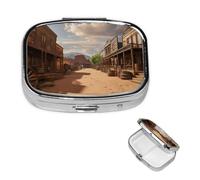 Old Wild West Cowboy Town Pilulier carré portable à 2 compartiments pour poche ou sac à main Petit planificateur hebdomadaire de médicaments de voyage avec miroir décoratif en métal Porte-vitamines