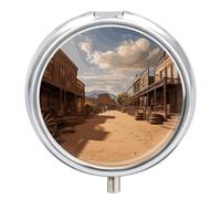 Old Wild West Cowboy Town Pilulier de voyage pour sac à main, poche hebdomadaire, organiseur de médicaments avec miroir, 3 compartiments, étui à médicaments rond portable pour le quotidien