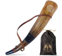OldEmperor Corne de guerre Viking | Trompette de combat en bœuf véritable de 45,7 cm avec sangle en cuir gravée à la main | Son facile et clair | Cadeau viking pour homme et femme