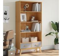 Olden Bibliothèque en pin massif gris, marron, 87,5 x 35 x 180 cm, 4 compartiments ouverts, 2 tiroirs, design scandinave, grand espace de rangement