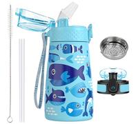 OLDLEY 350ml/12oz Bouteille d'eau en Acier Inoxydable pour Enfants avec Paille avec 2 Couvercles Différents Métal Isotherme Petite Fiole pour l'école Garçons Filles Boissons Chaudes Froides Sans BPA