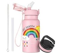 OLDLEY 500ml/17oz Gourde Isotherme pour Enfants en Acier Inoxydable avec Paille Double Paroi Métal Sous Vide Étanche Petite Fiole Réutilisable avec 2 Couvercles Différents pour Garçons Filles