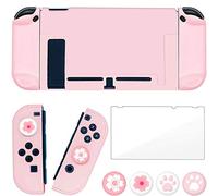 OLDZHU Coque Compatible avec Nintendo Switch,Housse de Protection Slim PC Rose pour Console NS et manettes Joy-Con, avec Protecteur d'écran en Verre et 4 poignées pour Le Pouce（Sakura Rose）