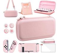OLDZHU Étui de Transport Rose pour Nintendo Switch - 10 en 1 Accessoires Pack Roses avec Couverture de Protection Dure,Protecteur d'écran en Verre,Support réglable,Capuchons de poignée de Pouce