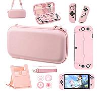 OLDZHU Kit d'accessoires de transport rose compatible avec Nintendo Switch OLED 2023 en 1 avec coque de protection rigide, protecteur d'écran en verre, support réglable, capuchons pour les pouces