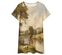 OLEETS Chemise De Nuit Femme - Terres Agricoles Au Bord du Lac T-Shirt Ample À Manches Courtes pour Femme Nuisette Longue Et Douce D'Été L