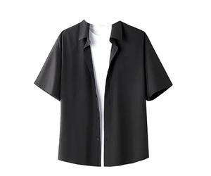 OLEETS Chemise Manches Courtes pour Hommes - Cardigan D'Été pour Hommes, Chemise De Style Coréen, Mode Simple, Hauts De Travail De Bureau, Revers Doux Et Respirant, Vêtements Vintage, Noir, M