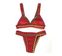 OLEETS Ensemble Bikini Crochet pour Femme -Été Deux Pièces Maillot De Bain Sexy Élastique Maillots De Bain À La Main Tricoté Fronde Maillot De Bain Mode Vintage Vêtements De Plage, Rouge, S