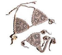 OLEETS Ensemble Bikini Crochet pour Femme -Été Fait À La Main Tricoté Évider Couleur Unie 2 Pièces Maillot De Bain String Sexy Push Up Maillots De Bain Vêtements De Mode, Kaki, L