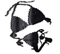 OLEETS Ensemble Bikini Crochet pour Femme -Été Fait À La Main Tricoté Évider Couleur Unie 2 Pièces Maillot De Bain String Sexy Push Up Maillots De Bain Vêtements De Mode, Noir, M