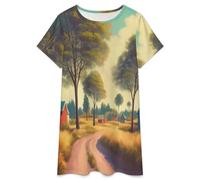 OLEETS Pyjamas D'Été pour Femmes - Routes De Village Robe De Pyjama Vintage en Coton Doux À Manches Courtes Ample Élégante Et Confortable Idéale pour La Maison. XL