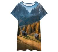 OLEETS Robes De Nuit pour Femmes - Paysage d'automne Robe De Nuit D'Été Ample À Manches Courtes Grande Taille Style Vintage Vêtement De Nuit M