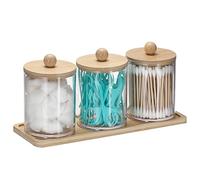 OLegei 4pcs boîte coton-tige en acrylique, Distributeur de coton-ballon Organisateur pour la salle de bain avec couvercles et plateau en bambou (Jaune)