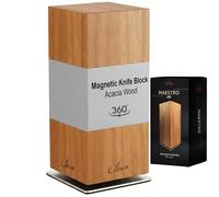 Oleio Bloc Porte-Couteaux Magnétique Rotatif 360° en Acacia, 8 à 12 Lames | quatre faces avec trois rangées d’aimants puissants, socle inox avec pied en mousse, pour couteaux jusqu’à 25,4 cm et ciseaux