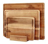 OLEIO Lot de 3 planches à découper en bois d'acacia (40 x 30, 33 x 24, 26 x 18 cm) - Planche à découper en bois avec rainure de jus et poignées creuses, 2 cm massif - Planche en bois de cuisine avec