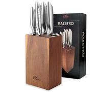 Oleio Maestro Bloc à Couteaux 5 Pièces en Acacia, Aiguiseur Intégré | Lames en acier inoxydable durable, rangement stable, pour viande, légumes et pain, couteaux de cuisine professionnels