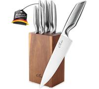 Oleio Maestro bloc à couteaux 5 pièces en acier inoxydable avec bloc en bois d’acacia et aiguiseur intégré | couteaux de cuisine professionnels pour viande, légumes et pain